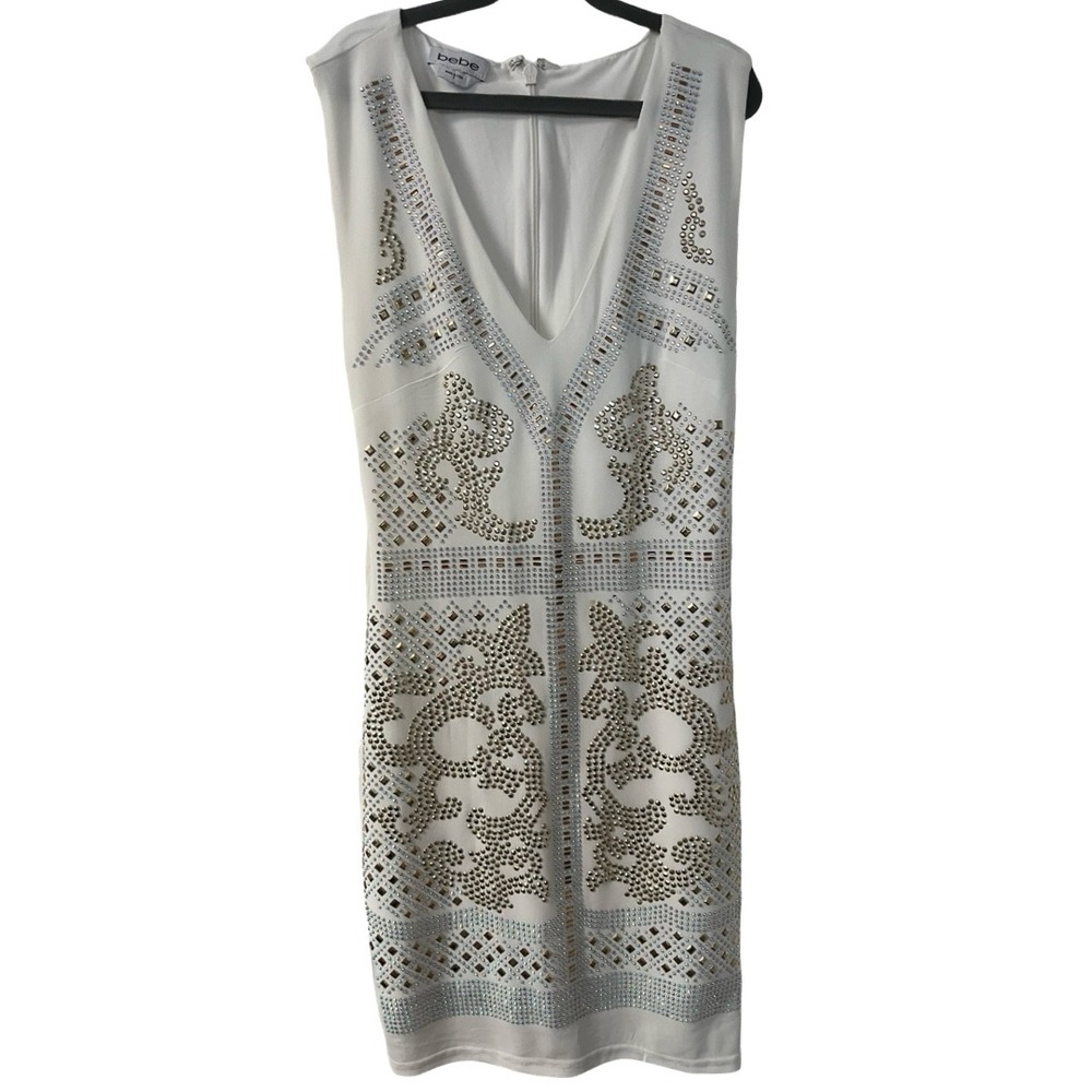 Bebe Womens White Studded Rhinestone Sleeveless Bodycon Sheath Dress Size Small